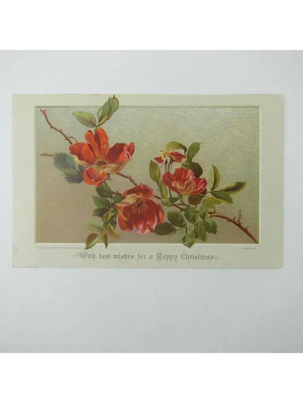 Victorian Christmas Card Red Orange Rose Flowers Hildesheimer & Faulkner Antique